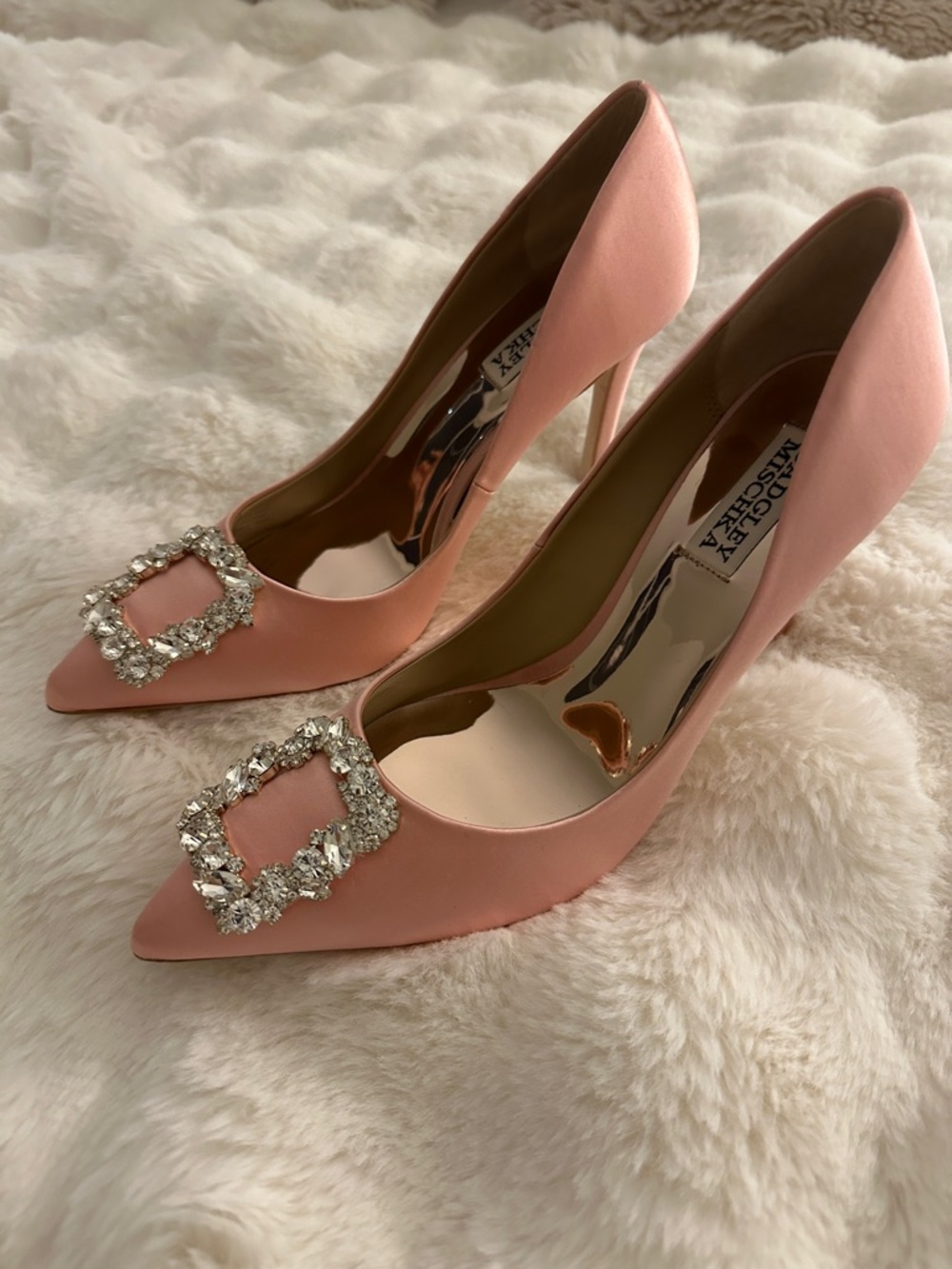 Badgley Mischka Blush Pink Satin Pointed-Toe Crystal-Embellished Pumps coral 8.5 - Picture 7 of 8